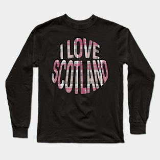 I LOVE SCOTLAND Pink, White and Grey Tartan Colour Typography Design Long Sleeve T-Shirt